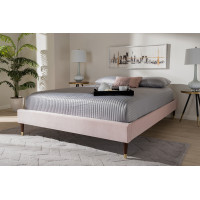 Baxton Studio BBT6598A1-Light Pink-King Volden Glam and Luxe Light Pink Velvet Fabric Upholstered King Size Wood Platform Bed Frame with Gold-Tone Leg Tips